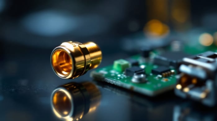 Macro photo of a U.FL / IPEX MHF1 micro-coaxial connector crimped on 1.13mm coax and seated on a PCB jack next to a WiFi module