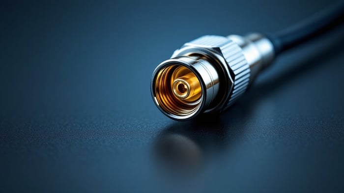 Close-up of an SMA RF coaxial connector with gold-plated center pin and threaded coupling nut terminated on a coax cable