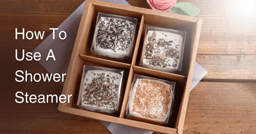 how to use a shower steamer title on an image of 4 shower steamers on a wooden background