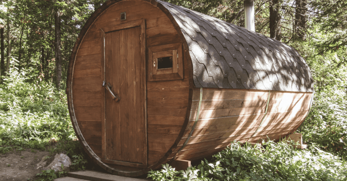 personal sauna in the woods, round and wooden