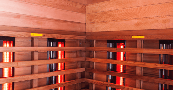 sunlighten infrared sauna, wooden with red lights