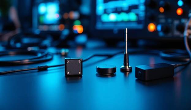 Parche activo, puck de montaje magnético y antenas GPS externas de rosca con conectores SMA en un banco de trabajo junto a equipos de prueba RF