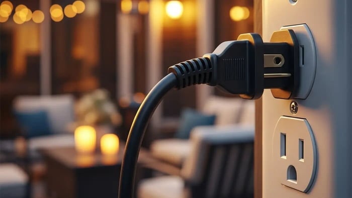 Black power cord with a standard three-prong plug being inserted into a white 120V electrical outlet on a wooden post or wall, with a blurred patio scene in the background.