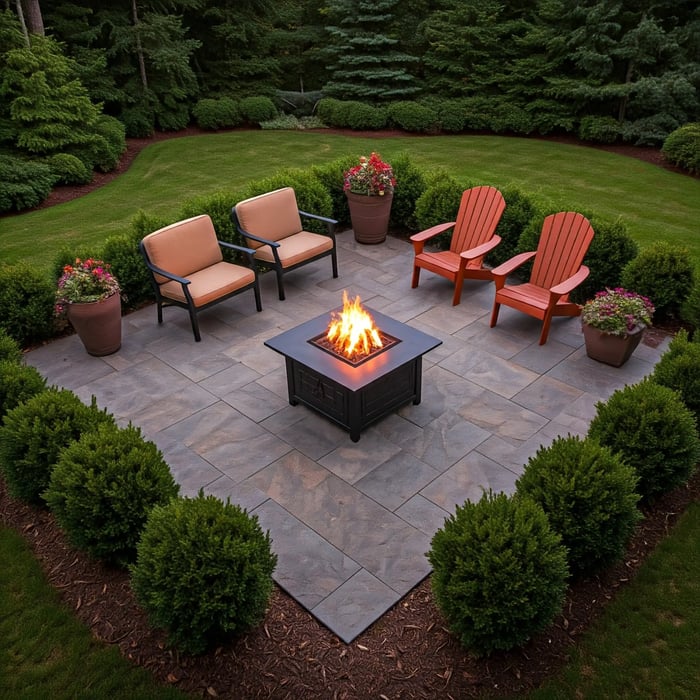 A cozy outdoor patio with a square fire pit surrounded by chairs and potted plants.