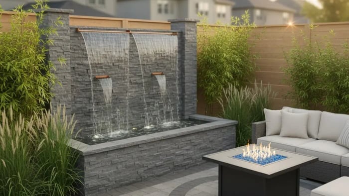 A large, multi-tiered outdoor water wall made of gray stacked stone set against a horizontal light-wood fence. Two wide sheets of water fall from a top copper rail, while two smaller streams pour from copper scuppers below them, all flowing into a rectangular stone basin. To the right, a gray wicker sofa with white cushions sits behind a black square fire table filled with blue glass fire beads and bright flames. The area is landscaped with tall green bamboo and feathery ornamental grasses.