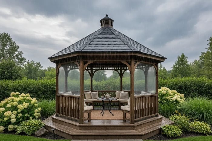 Traditional gazebo with solid pitched roof providing all-weather outdoor shelter in backyard
