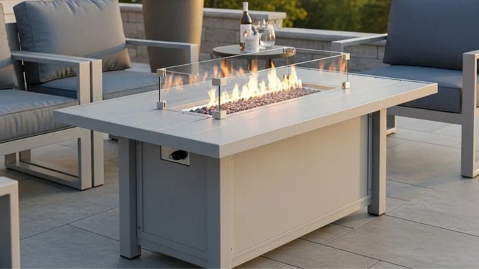 A sleek, modern aluminum fire pit table glowing with warm fire in an outdoor living space at sunset.