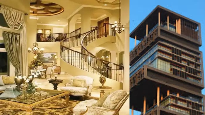 Two images of luxurious homes: a spacious living room with a grand staircase and a tall, modern building with multiple stories.