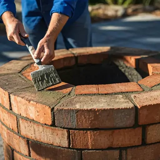 A person wearing a blue work shirt with rolled-up sleeves applies high-temperature mortar to the bricks surrounding a 48-inch fire pit. Sunlight creates a dramatic shadow on the brickwork.
