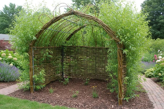 Living willow arbor with woven branches creating natural garden archway over pathway