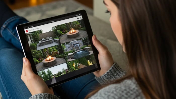 A person is shown from behind, casually sitting and holding a tablet. The tablet screen displays a grid of several images showcasing stunning backyard designs, prominently featuring fire pit with water features.