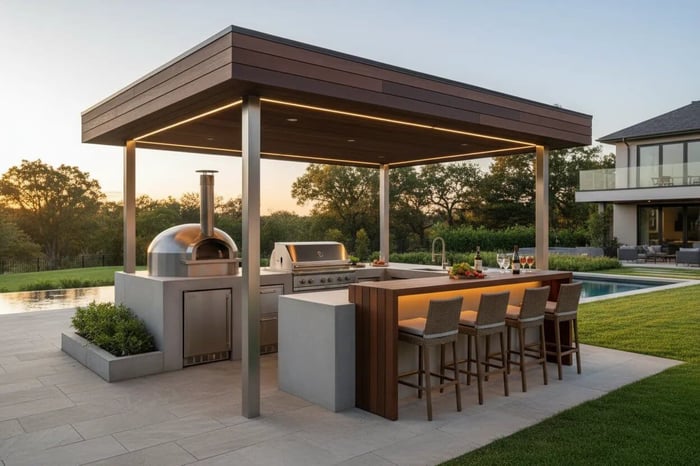Luxury outdoor kitchen pod pavilion with built-in grill and cooking equipment for entertaining