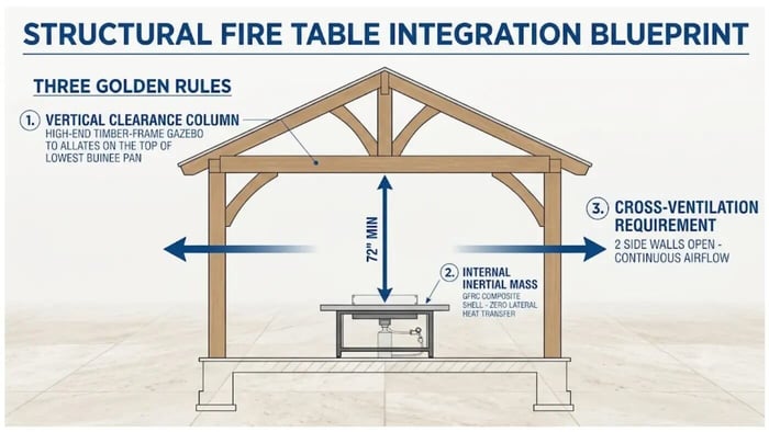 An architect-style engineering blueprint schematic showing the mandatory clearance metrics and ventilation rules for safely integrating a propane fire pit table underneath a timber gazebo.