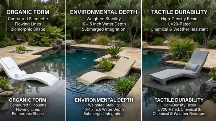 A side by side comparison showing three different in pool lounger models including the Signature and Autograph chaises on a natural stone pool ledge. The image illustrates organic form and environmental depth for a biophilic backyard retreat by Lux Yard and Homes.
