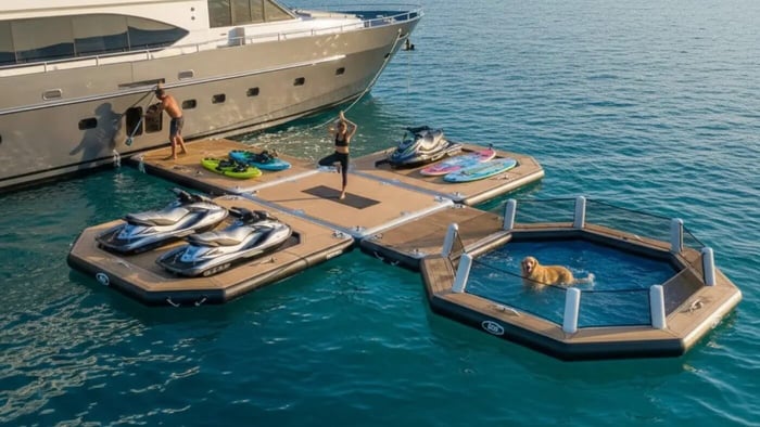 a range of the best inflatable docks for pools and ocean with people and pets enjoying it