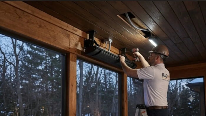 Licensed electrician installing a RADtec zero light electric patio heater into a cedar tongue and groove ceiling on a luxury screened porch