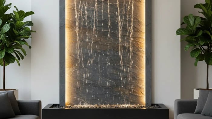 A contemporary living room features a large, rectangular indoor wall fountain as the focal point. The fountain has a dark, textured stone surface with water trickling down, framed by a warm backlighting that highlights the water flow. At its base, small stones are visible. 