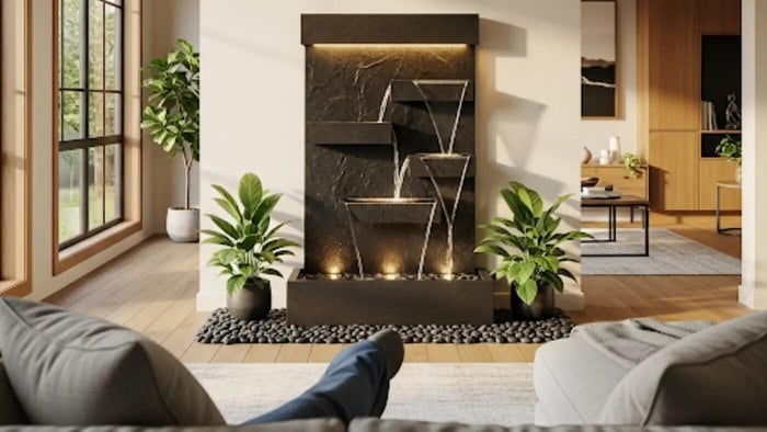 A modern indoor wall fountain is the centerpiece of a living room, positioned for a perfect view from the sofa. The fountain has multiple tiers with water cascading over a textured black surface, illuminated by warm lights.