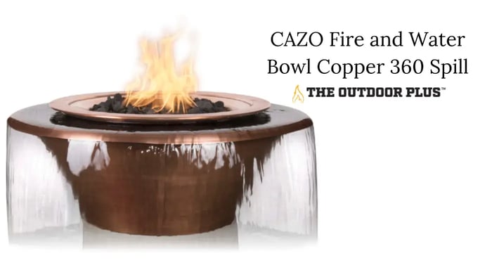 Image of the Cazo Fire and Water Bowl Copper 360 Spill by The Outdoor Plus, showcasing a copper bowl with flames and a surrounding water spill effect.