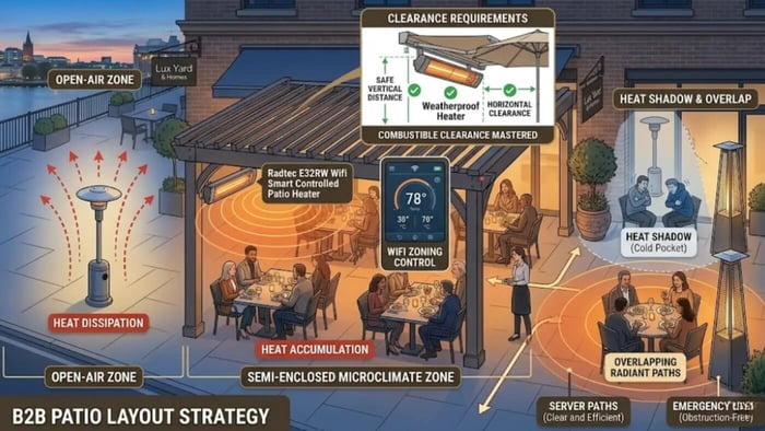 A B2B diagram schematic visualizing how to assess an outdoor restaurant patio layout (the footprint factor) for optimal patio heater placement. It illustrates heat dissipation in open zones, microclimate accumulation under a pergola, clearance requirements near awnings, and using overlapping radiant paths to solve heat shadows.