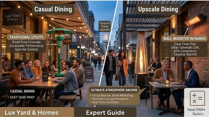 A B2B photograph comparison showcasing three commercial patio heater styles at twilight: a traditional mushroom style propane heater for casual open air seating, a premium pyramid glass tube flame patio heater (Radtec 93 Inch) serving as an upscale atmosphere anchor and street marketing beacon, and a discreet wall mounted electric infrared heater for narrow urban sidewalks.