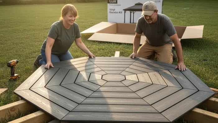 A frustrated man on his knees struggling to level a traditional wooden gazebo frame on uneven dirt, surrounded by lumber, a miter saw, and the unopened box of a Lux Yard and Homes Vinyl Gazebo Kit in the background. He holds a level against a wooden beam, highlighting the difficulty of traditional gazebo floor installation.