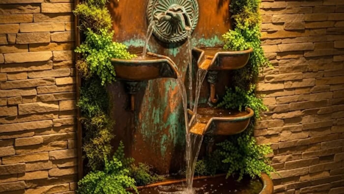 A beautiful indoor wall fountain made of copper with a warm, rustic feel. The fountain has developed a natural, multi-colored patina and is adorned with lush green moss and ferns.