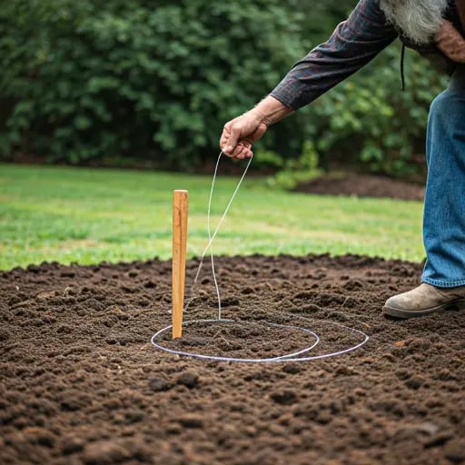 A person using a string and stake to mark a 48-inch circle on the ground for a fire pit. A shovel is nearby, ready to dig an 8-10 inch deep hole for drainage.