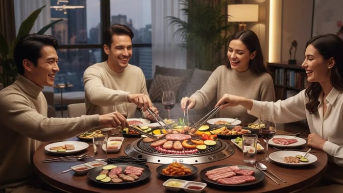 Four friends are enjoying a meal together around a round Korean BBQ table. The table features a circular, built-in electric grill at the exact center, allowing every guest equal access to cook their food. Various plates of raw meat, vegetables, and banchan (side dishes) are arranged on the tabletop. The guests are using stainless steel tongs to flip meats and vegetables, creating an intimate and inclusive social grilling experience.