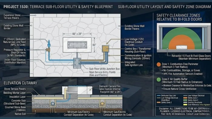 A detailed construction blueprint titled "Project 1530: Terrace Sub-Floor Utility & Safety Blueprint," showcasing the underground plumbing and electrical plan for a luxury fire pit installation.
