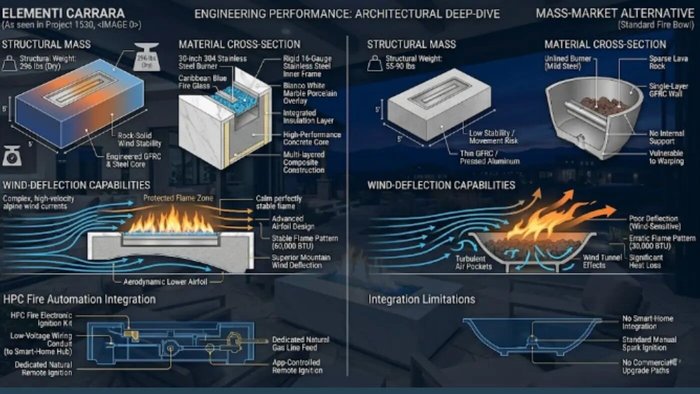 A comprehensive technical architectural diagram titled "Engineering Performance: Architectural Deep-Dive," comparing the Elementi Carrara fire pit table against a generic mass-market alternative.