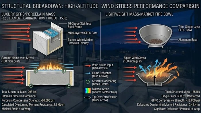 A technical engineering infographic titled "Structural Breakdown: High-Altitude Wind Stress Performance Comparison," contrasting a luxury fire pit table against a lightweight mass-market fire bowl under extreme wind loads.