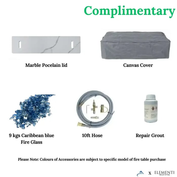  Collage of Elementi fire pit accessories: a marble porcelain lid, a canvas cover, 9 kgs of Caribbean blue fire glass, a 10ft hose, and a bottle of repair grout. The Elementi logo is in the bottom right corner.