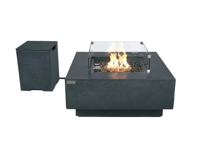 Elementi Plus Bergen Fire Table in dark grey with glass wind guard and separate tank cover on white background.