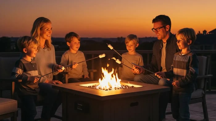 A family of six is gathered around a square gas fire pit on a patio at dusk, roasting marshmallows on long metal sticks. The propane fire pit is the centerpiece, with flames burning brightly in the center, illuminating the faces of the family members