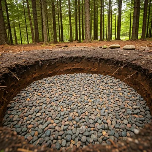 A close-up view of a fire pit hole filled with a 2-inch layer of coarse gravel. The gravel is spread evenly across the bottom of the pit, providing excellent drainage and preventing water buildup.