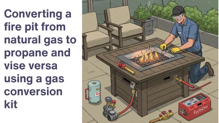 Illustration depicting the conversion of a fire pit between natural gas and propane using a conversion kit. A technician is shown working on the fire pit, with both propane tank and natural gas line components visible.