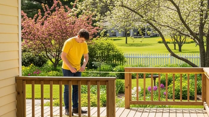 A person carefully measures an outdoor patio with a tape measure in a well-designed backyard, emphasizing the importance of accurate dimensions for planning outdoor furniture placement.