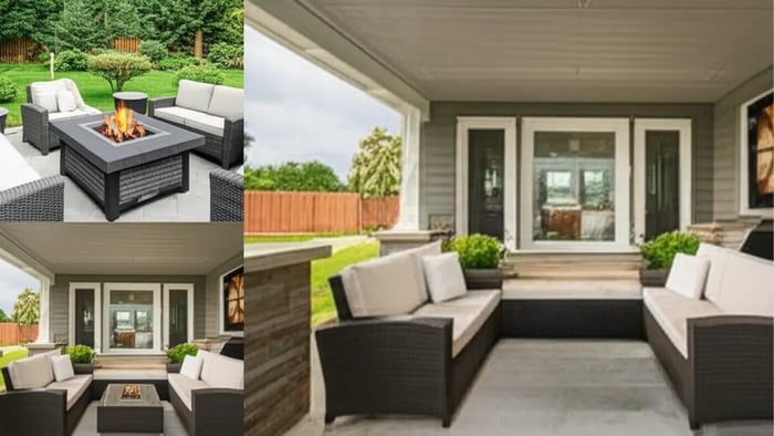  The image displays two side-by-side outdoor living spaces. The left side shows a patio with a wicker furniture set, including a sofa, chairs, and a central fire pit table with a lit fire. The area is surrounded by lush green lawn and trees. 