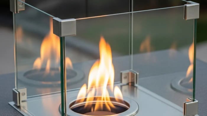 A close-up of a tabletop fire pit featuring clear, tempered glass panels acting as a wind guard around the central flame.