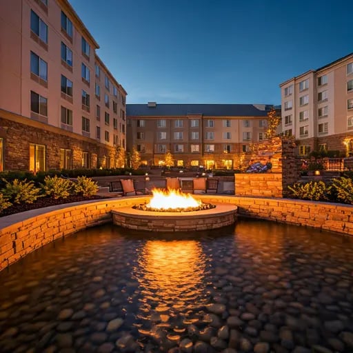 custom bult round fire pit burning orange flames in the middle of a body of water