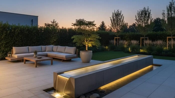 long rectangle fire pit with water feature styled in a luxury outdoor living home