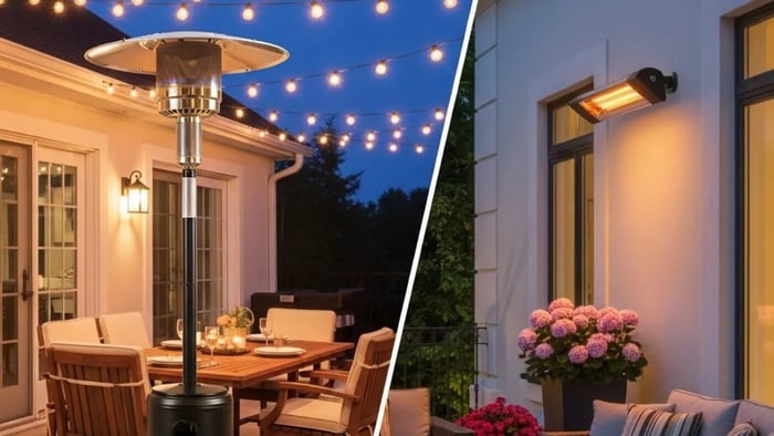 A split image showing two patio heating options: a tall, freestanding gas patio heater next to an outdoor dining set on the left, and a sleek, wall-mounted electric patio heater above an outdoor sofa on the right, both enhancing illuminated outdoor spaces.