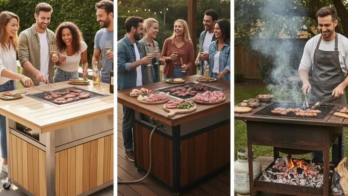 A three-panel comparison of outdoor social grilling stations. The left panel shows a group gathered around a light-wood, portable propane table with a built-in grill. The center panel features friends enjoying drinks around a natural gas table connected by a permanent fuel line. The right panel shows a more traditional charcoal setup with a chef tending to meats over an open fire, highlighting the difference between communal table dining and classic barbecuing