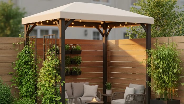 A small, dark-framed gazebo with a peaked cream-colored fabric roof and warm string lights tucked underneath the rim. The structure is set against a horizontal wood-slat privacy fence. Inside the gazebo, a gray wicker loveseat and armchair with white pillows are arranged around a small round coffee table. To the left, climbing green vines grow up a black metal trellis, while a vertical herb garden and tall bamboo in a black planter complete the intimate garden space.