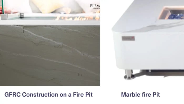 Close-up of two Elementi fire pit tables, one with a gray GFRC surface and the other with a white marble top, showing their textures and materials.