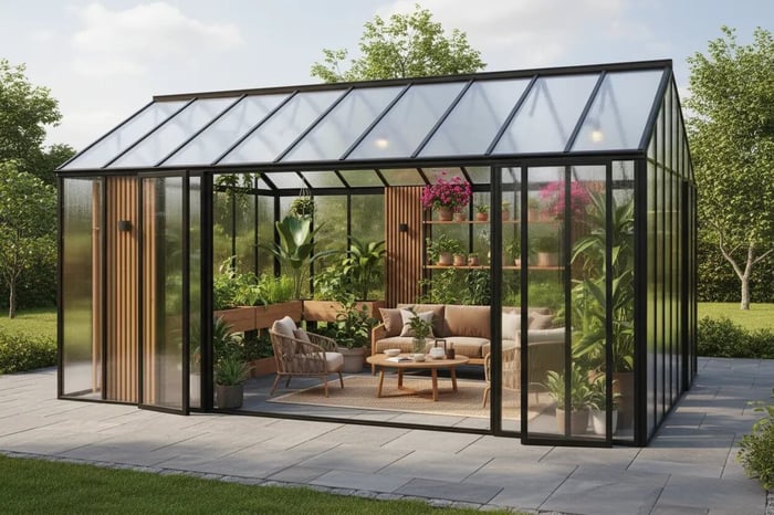 Greenhouse hybrid solarium with glass panels combining garden room and year-round growing space