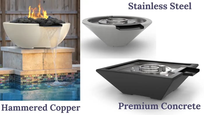 Image showing three fire and water bowls: a hammered copper bowl with flames and a waterfall feature, a stainless steel bowl, and a premium concrete bowl. Text labels identify the materials.
