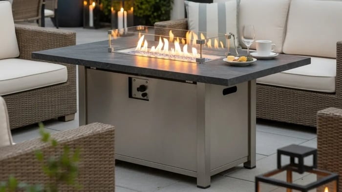 A stylish, modern patio featuring a sleek, dark grey outdoor fire pit table surrounded by cream wicker furniture and lush greenery, illuminated by ambient lighting.