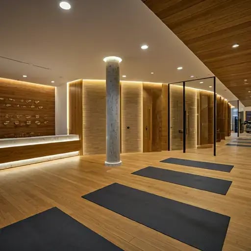 wooden floor in a wellness room with black yoga mats and pillar for stretching